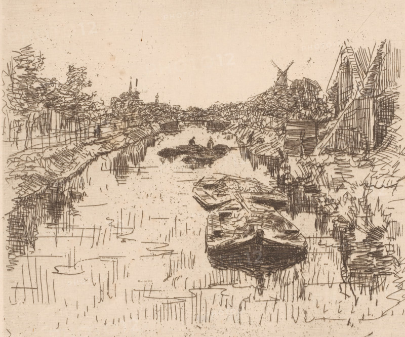 Canal (original title), Canal with barges, print, printmaker: Willem Bastiaan Tholen (signed by artist), 1870 - 1931, paper, etching, intaglio printmaking technique, height 205 mm x width 238 mm, tow-boat, towing-barge, A monochrome sketch of a river scene with boats in the water and a bank on each side, drawn with dense crosshatched and linear pen strokes that form trees, reeds, and architectural shapes along the horizon, including a windmill and clustered buildings; several small rowboats occupy the center of the river with figures seated in them, while a larger boat appears in the foreground; the right riverbank shows slanted rooflines and vertical structures, and the left bank features tall trees and vegetation, all rendered on a textured, mottled paper background.