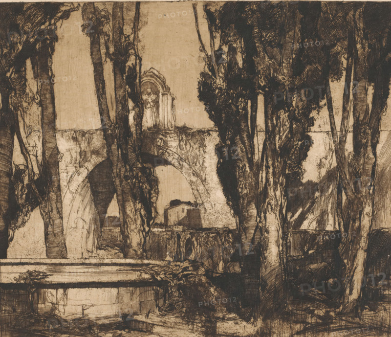 Garden in Verona (original title on object), print, printmaker: Adriaan J. van 't Hoff (signed by artist), 1903 - 1932, Adriaan J. van 't Hoff, paper, etching, intaglio printmaking technique, height 296 mm x width 346 mm, garden, trees, arch, archivolt, architecture, Verona, A sepia-toned etching showing a dense arrangement of tall, dark tree trunks and tangled foliage in the foreground framing a ruined stone arch and an old building in the background, with heavy cross-hatched shading and fine linear textures throughout, rough stone surfaces, shadowed recesses beneath the arch, and layered, scribbled lines suggesting overgrowth and weathered architectural details.