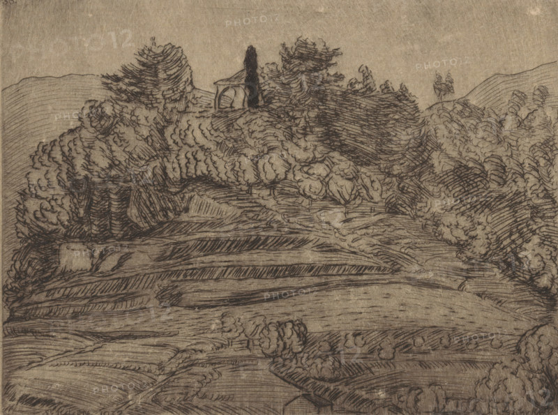 La chapelle de Saint-Julien (original title on object), print, A chapel in a hilly landscape., number: '36', printmaker: Joseph Henry Gosschalk (signed by artist), 1932, paper, drypoint, intaglio printmaking technique, height 148 mm x width 195 mm, low hill country, church (exterior) - QQ - small church, chapel, France, A monochrome ink drawing showing a hilly landscape with layered terraces and fields in the foreground, marked by curved and parallel hatch lines. A cluster of rounded, textured trees fills much of the middle ground, their foliage indicated by swirling, dense ink strokes. Near the top of the hill a small structure with an arched opening is partly obscured by the trees, and a tall, narrow tree stands beside it. Additional hills and scattered trees appear in the distant background, all rendered with similar linear hatching and contouring on a textured paper surface.