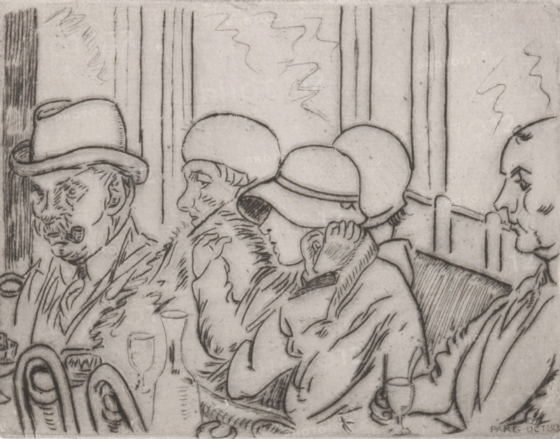 Coin de café à Paris (original title on object), print, Men and women in a café. One of the men is smoking a pipe., number: '13', printmaker: Joseph Henry Gosschalk (signed by artist), 1930-10, paper, drypoint, intaglio printmaking technique, height 133 mm x width 172 mm, inn, coffee-house, public house, pipe, tobacco, Paris, A monochrome sketch shows a close grouping of seated figures wearing hats and coats, their faces rendered with simple contour lines and short hatch marks for shading; a man on the left wears a rounded brimmed hat and smokes a pipe, a person next to him wears a rounded cap and a furry collar, and a woman in front wears a cloche-style hat with her hand near her face; behind them a figure with a long nose and a pipe leans in from the right, vertical lines and faint squiggles suggest a background of panels or curtains, and in the foreground curved chair backs and a few drinking vessels are visible on a table.