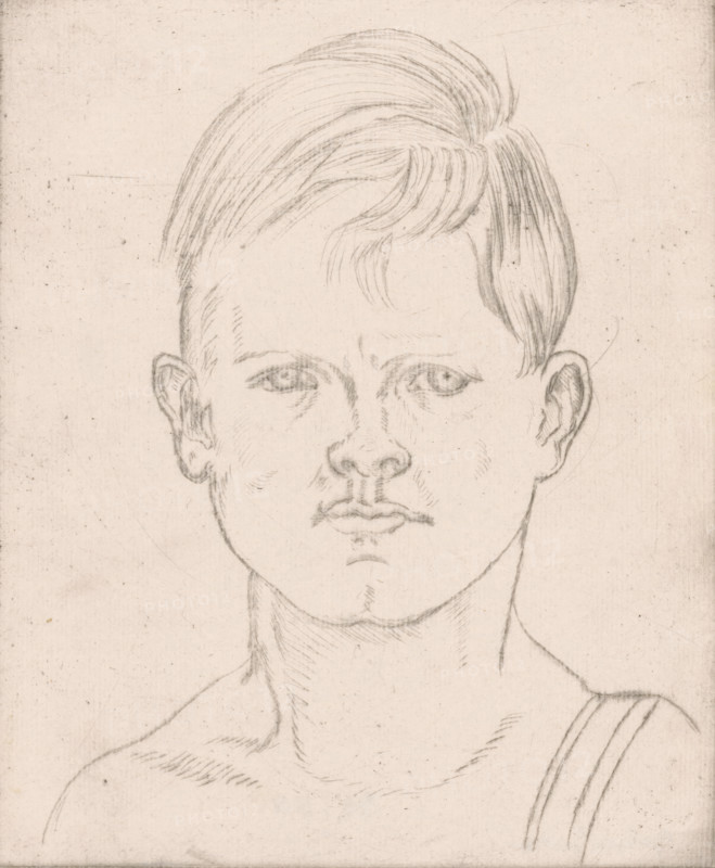 Portrait of an unknown boy, print, number: '1', printmaker: Joseph Henry Gosschalk (signed by artist), 1885 - 1932, paper, drypoint, intaglio printmaking technique, drypoint and plate tone in gray, height 195 mm x width 162 mm, boy (child between toddler and youth), anonymous historical person portrayed, A pencil sketch of a young person's head and upper torso on aged paper, showing short hair combed to one side with a small wave at the front, straight eyebrows, almond-shaped eyes with light shading, a straight nose, and full lips with a subtle mustache above the upper lip; ears visible at each side of the head, a long neck with contour lines and shading, shoulders with faint muscle and clavicle lines, and a strap over one shoulder composed of parallel lines, all rendered in fine, soft pencil strokes against a textured, lightly spotted background.