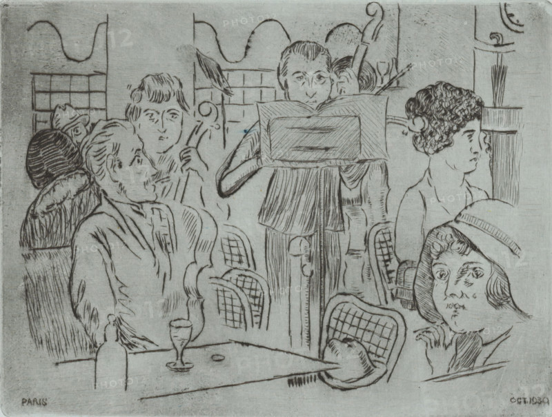 Musicians in a café, print, A cellist and a violinist perform a piece of music in a café., number: '2', printmaker: Joseph Henry Gosschalk (signed by artist), Paris, 1930-10, paper, drypoint, intaglio printmaking technique, drypoint and plate tone on blue paper, height 148 mm x width 195 mm, inn, coffee-house, public house, musician at work, An etched scene shows a group of seated people around a table with wicker-backed chairs, a standing figure reading from a music stand, and various faces in profile and three-quarter view; visible objects include a bottle and a glass on the table, a coin or small round item, the patterned backs of chairs, and a column with a bundle of long sticks; background lines and simple architectural shapes frame the figures, and the image is rendered in fine linear scratches on a pale surface.