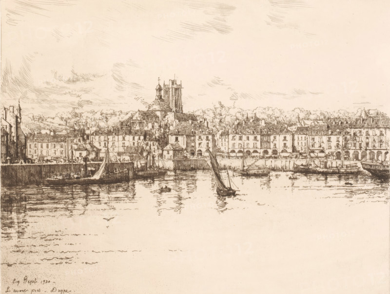 Port for Dieppe, L'avant port Dieppe, print, printmaker: Eugène Bejot (signed by artist), Dieppe, 1930, Eugène Bejot, printmaker, paper, etching, drypoint, intaglio printmaking technique, height 228 mm x width 285 mm, harbour, ships (in general) - CC - more than one ship, A detailed monochrome sketch of a waterfront town showing a row of multi-story buildings with pitched roofs and arched ground-level openings lining a quay, with various small sailing vessels and boats moored along the water’s edge and reflected in the rippling water, a larger vessel with a raised sail near the center and smaller rowboats nearby, a prominent church or tower rising above the rooftops near the middle of the composition, trees and foliage behind the buildings, a textured sky with light, sketchy clouds, and the lower portion of the page left largely empty.