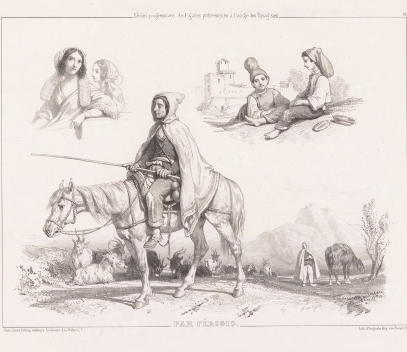 Three depictions of figures, including two goatherders on horseback in a landscape, Examples of figure studies for landscape artists, Etudes Progressives de Figures Pittoresques à l'usage des Paysagistes, par Férogio, print, Series number, 35, Print is part of a cover with five prints., printmaker: Fortuné Férogio, printer (person): Auguste Bry, Paris, publisher: Gihaut frères, 1839 - 1845, Fortuné Férogio, Auguste Bry, Gihaut frères, printmaker, printer (person), publisher, paper, lithography, lithografie, height 271 mm x width 386 mm, riding a horse, ass, or mule, rider, horseman, goat, castle, cattle driving, cattle driver, A detailed pencil drawing shows a cloaked rider on a horse in the foreground, the rider holding a long staff and wearing a hooded cape, with the horse’s head lowered and its tack visible; nearby on the ground a small herd of goats and sheep rest and stand, some clustered under the horse. In the upper left a pair of women’s heads are sketched, one facing forward w...