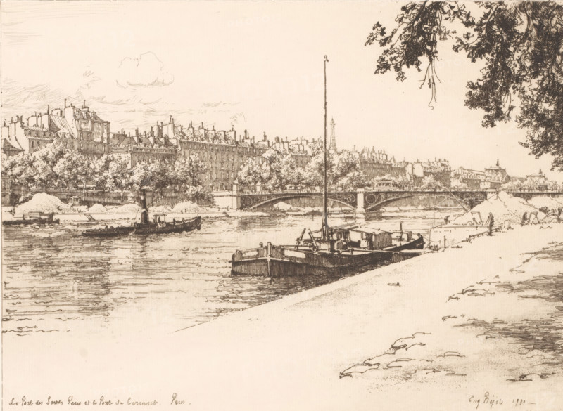 Le Port des Saintes Peres et le Pont du Carrousel Paris, Port of Saints Peres and the Pont du Carrousel in Paris, print, printmaker: Eugène Bejot, Paris, 1930, paper, etching, drypoint, intaglio printmaking technique, height 199 mm x width 165 mm, harbour, ships (in general) - CC - more than one ship, bridge in city across river, canal, etc. - II - ideal city, Seine, A riverside scene rendered in fine pen lines showing a calm water surface with a moored barge in the foreground, a long mast rising from the barge, and another small boat afloat nearby; on the far bank a row of multi-story buildings with many chimneys stands behind a dense line of trees, and an arched bridge crosses the river between the banks; a riverbank slope in the right foreground has scattered rocks and a few small figures near piles of material, and tree branches with detailed leaves hang down from the upper right corner.
