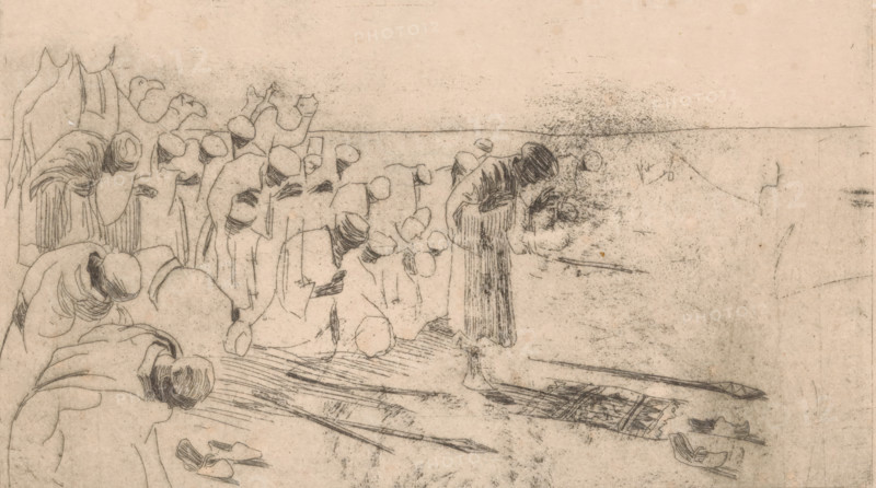 Abendgebet der Araber (original title on object), Praying men with turbans, print, Three camels in the background on the left., number: 'II', printmaker: Harrie Kuyten (signed by artist), 1893 - 1935, paper, etching, intaglio printmaking technique, height 119 mm x width 198 mm, head-gear: turban, hoofed animals: camel, (private) prayer, 'Oratione', 'Preghiere', 'Preghiere a Dio' (Ripa), A wide, pale paper surface with faint sketch lines shows a group of robed figures clustered on the left, drawn with simple contours and curved lines suggesting heads bowed and elongated garments; some figures appear to have hands or sleeves extended while others are hunched. Toward the right a single robed figure stands slightly apart, bent forward with detailed shading on the shoulders and back, holding or leaning over an indistinct object. The foreground contains long, straight strokes resembling poles or planks and a rectangular, hatched form lying flat. Scattered curved marks and small shaded shapes...