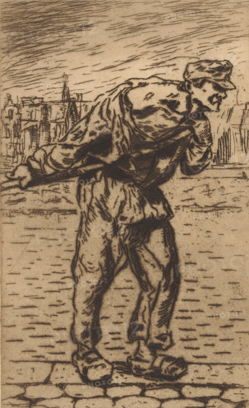 Man pulling, print, A man in clogs is pulling something behind him with a rope on the street., printmaker: Jos Croïn (signed by artist), 1904 - 1936, paper, etching, intaglio printmaking technique, height 238 mm x width 148 mm, drawing, pulling something, wooden shoes, clogs, A monochrome etched image shows a standing male figure facing to the right, wearing a cap and loose clothing that includes a draped jacket and baggy trousers; his posture is slightly hunched with one arm bent across his chest and the other holding a long pole slung over his shoulder. The background contains linear architectural outlines suggesting building facades and rooflines, with a tall spire-like structure among them. The ground beneath the figure is textured with horizontal hatch marks and a cobblestone foreground at the bottom edge. The sky is rendered with diagonal, closely spaced hatch lines. The overall image is defined by fine, dark etched lines on a warm, paper-toned background.