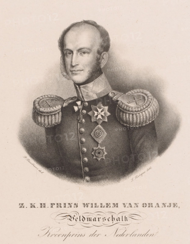 Portrait of King William II, print, The sitter wears a military uniform with knighthoods., print maker: Louis Lévèque, Amsterdam, after design by Pieter Bartholomeusz. Barbiers, Haarlem, after design by Pieter Barbiers (IV), 1809 - 1840, paper, chine collé, lithography, lithography on chine collé, height 430 mm x width 350 mm, Person, William II of the Netherlands, historical persons ((full) bust portrait), knighthood order, A sepia-toned engraved portrait of a man shown from the chest up wearing a dark military uniform with prominent braided epaulettes on the shoulders and a high decorated collar, his hair is short with muttonchop sideburns and he has a calm, composed facial expression; the uniform front displays a row of buttons and several star-shaped and circular medals pinned along the chest, and the background is plain with soft shading around the figure.