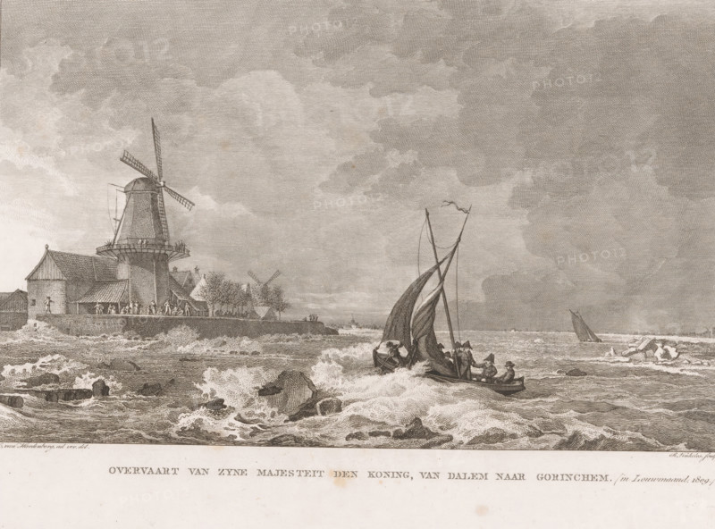Crossing of King Louis Napoleon from Dalen to Gorinchem, 1809, Crossing of His Majesty the King, from Dalen to Gorinchem (in January, 1809), print, book illustration, printmaker: Reinier Vinkeles (I), after drawing by Cornelis van Hardenbergh, publisher: Johannes Allart, Amsterdam, paper, etching, engraving, height 251 mm x width 340 mm, A detailed monochrome engraving shows a coastal scene with a windmill and buildings on a low shoreline, people gathered near the structures and on a quay, rough water with waves breaking over rocks, and small sailing boats in the choppy sea with figures aboard, all beneath a sky filled with textured clouds.