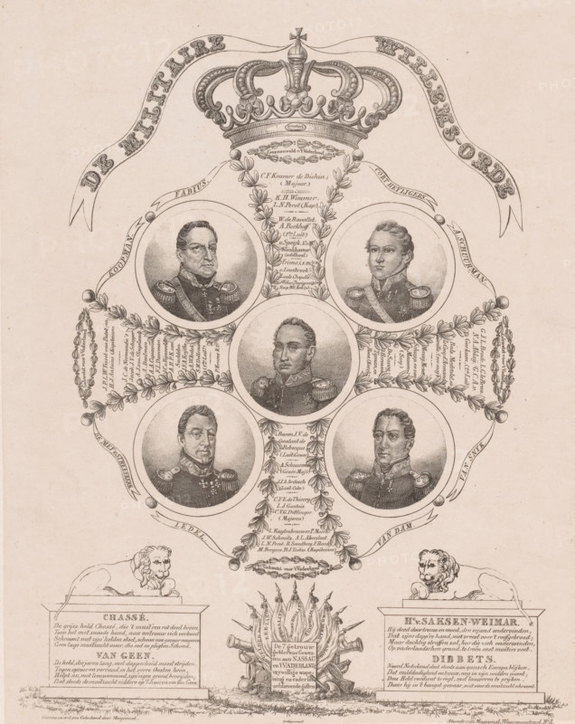 The Military Order of William, List of soldiers who received the Military Order of William, print, Among the names of soldiers who were wounded or killed in action, five portraits of Chassé, Van Saksen-Weimar, Dibbets, and Van Geen are displayed. In the center, King William I. At the bottom left and right, tombs or pedestals topped with two lions and lines of poetry about the generals. Center bottom banners symbolizing the seven faithful provinces., printmaker: Willem Charles Magnenat, Amsterdam, printmaker: Theophile Charles Magnenat, 1815, printer (person), paper, chine collé, lithography, lithography on chine collé, height 311 mm x width 250 mm, Person, William I of the Netherlands, David Hendrik Baron Chassé, historical persons (head (and shoulders) (portrait)), knighthood order, A vertical engraving showing a crowned ornamental tree structure with laurel and ribbon decorations, containing six circular portrait medallions of men in military uniforms arranged in a branching pattern,...