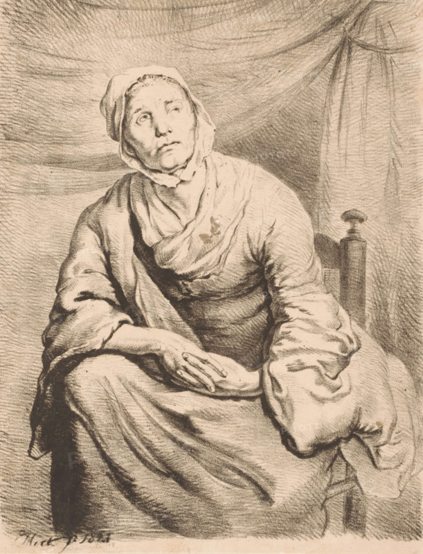 Sitting farmer's wife, print, The woman has her hands clasped together and is looking upwards., printmaker: Johannes Mock, 1821, Johannes Mock, printmaker, paper, lithography, height 260 mm x width 205 mm, farmers - AA - female farmer, farmer's wife, looking upwards, A seated older woman wearing a hooded headscarf and layered draped clothing looks upward with a solemn expression, her hands folded together in her lap; the scene is rendered in pencil or charcoal with soft shading and textured strokes, a high-backed chair is visible behind her shoulder and a draped fabric forms the background.