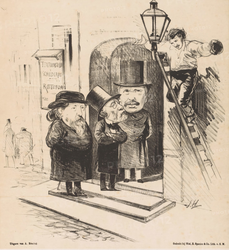Caricature with Jozef Israëls, Jacob Maris, and Albert Neuhuys, The three most courageous painters at the Rotterdam exhibition, cartoon, print, The three painters request the lamplighter for more light in the exhibition hall so that there is a greater chance that they will sell works. This print was published by De Lantaarn., printmaker: Jan Holswilder, Netherlands, printer (person): Koninklijke Steendrukkerij van E. Spanier, The Hague, publisher: Adriaan Rössing, 1885 - 1889, printer (person), paper, tone lithography, tone lithography in black with tone block in beige, height 338 mm x width 255 mm, Person, Albert Neuhuys (1844-1914), Jozef Israëls, caricatures (human types), street lighting, parody on art, A sketched scene of three men standing on a doorstep, two wearing tall top hats and one with a wide-brimmed hat and a long beard, their coats appearing heavy and dark; one of the top-hatted men crosses his arms while the other looks forward with a mustache visible; to the right a la...