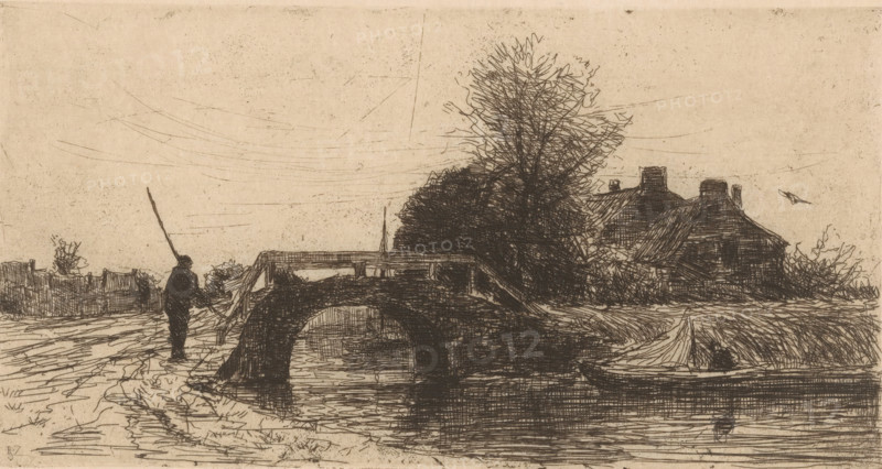 Primavera (original title), Landscape with river, bridge and houses, print, printmaker: Philip Zilcken, after design by Matthijs Maris, publisher: Buffa & Co., Amsterdam, 1890 - 1930, paper, etching, intaglio printmaking technique, height 140 mm x width 267 mm, river, bridge, A monochrome sketch of a rural scene showing a stone arched bridge over a body of water, with reflections beneath the arch. A figure stands on the near bank holding a long pole, facing the bridge. To the right of the bridge a small boat lies along the water’s edge. Behind the bridge there are dense, scribbled trees and a cluster of roofed cottages with visible chimneys. A bird is sketched in flight near the cottages. The foreground shows a winding, textured path leading toward the bridge and scattered low vegetation along the banks. The sky is lightly marked with faint horizontal lines and speckled texture.