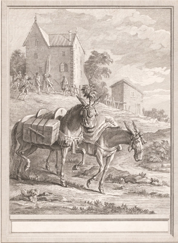 Two pack mules with soldiers advancing in the background, print, book illustration, printmaker: Pierre Chenu, France, printmaker: Charles Nicolas Cochin (II), after design by Jean-Baptiste Oudry, 1755 - 1759, paper, etching, engraving, proof for letter, etching and engraving, height 307 mm x width 226 mm, A sepia-toned engraving shows a loaded donkey in the foreground with packs and barrels strapped to its back and a decorative cloth and tassel draped over its body; the donkey faces right with a downward head and visible bridle. Behind it a second donkey is partly visible carrying more goods. In the middle ground a dirt path winds past sparse vegetation and low shrubs toward a small building with a pitched roof and a simple window, a wooden fence running nearby. To the left a larger multi-story stone building with small windows and a steep roof stands on higher ground. A group of people, some carrying long poles, are gathered near the larger building and appear in various poses. A tall...