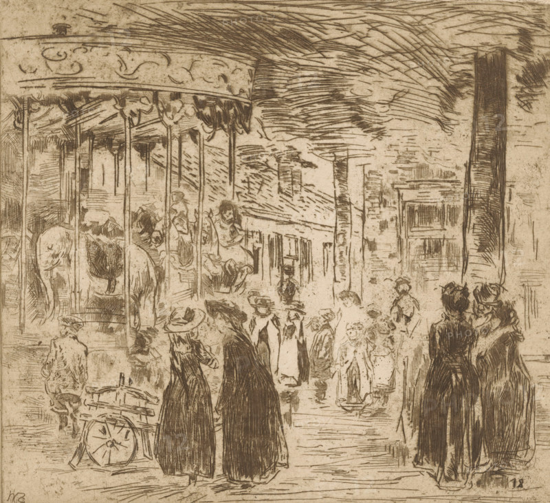 Fair with carousel, Carousel (original title), print, printmaker: Willem de Zwart (signed by artist), publisher: Kunstzaal Vaarties, 1924, paper, etching, drypoint, intaglio printmaking technique, height 214 mm x width 227 mm, pleasure fair and circus, merry-go-round, roundabout, chair o'plane, A sepia-toned etched scene showing a crowded street with many people in period clothing, several wearing hats and long coats, some standing in pairs and groups, others walking. On the left a round carousel canopy with decorative scalloped edges and vertical poles is visible, with partial animal figures beneath it. In the foreground two women in dark cloaks stand with their backs to the viewer, and nearby a partially visible cart with a large spoked wheel sits at street level. Buildings and architectural facades rise along the right side, and a tall vertical column or post appears near the center right. The sky and upper area are filled with hatched lines suggesting clouds or shading, and the gro...