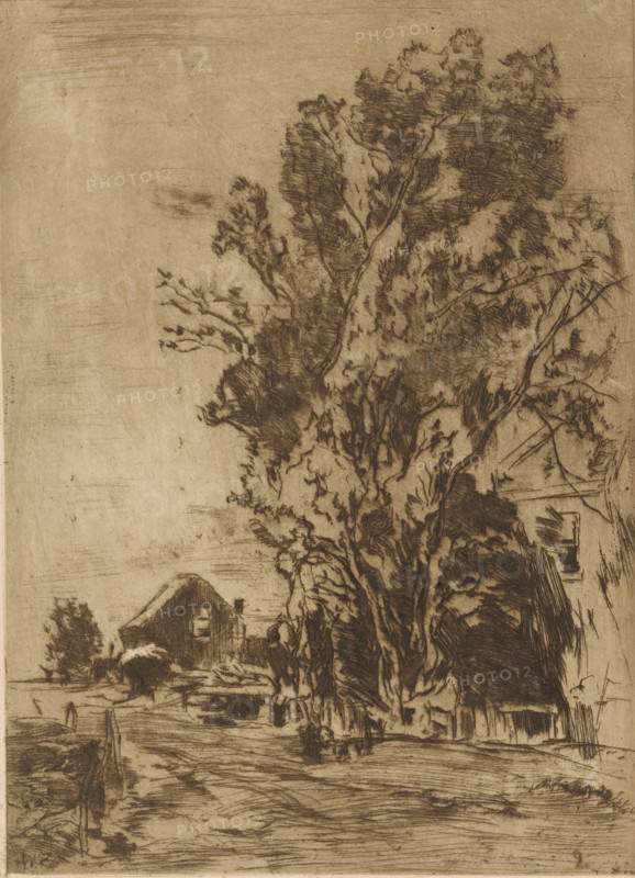 Country road with houses and trees, Country road (original title), print, printmaker: Willem de Zwart (signed by artist), publisher: Kunstzaal Vaarties, 1924, paper, etching, intaglio printmaking technique, height 258 mm x width 187 mm, road, path, farm or solitary house in landscape, A horizontal section of an aged print with a narrow illustrated strip at the top showing rough sketch lines of foliage and a small thatched-roof structure, a wide expanse of cream-colored paper beneath the illustration, and a thin uneven grayish border at the lower edge above a large solid black area.