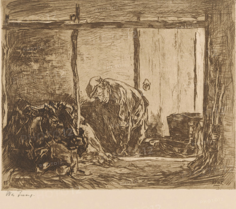 Farmer and cow in a stable, In the stable (original title), print, printmaker: Willem de Zwart (signed by artist), publisher: Kunstzaal Vaarties, 1924, paper, etching, intaglio printmaking technique, height 178 mm x width 217 mm, farmers, cow, stall, stable, A monochrome etching shows a rough wooden interior with vertical and horizontal beams framing the scene, textured crosshatching filling the walls and ceiling. In the central area a hunched figure wearing a draped garment and a cap is depicted with detailed line work, head bowed and shoulders rounded. To the left a mass of dark, tangled shapes suggests piled fabric or other material rendered with dense, expressive strokes. On the right a simple wooden bucket sits near a vertical post, and the floor is marked with scratchy lines and shading. The overall image is rendered in sepia tones with varied line densities creating depth and texture.