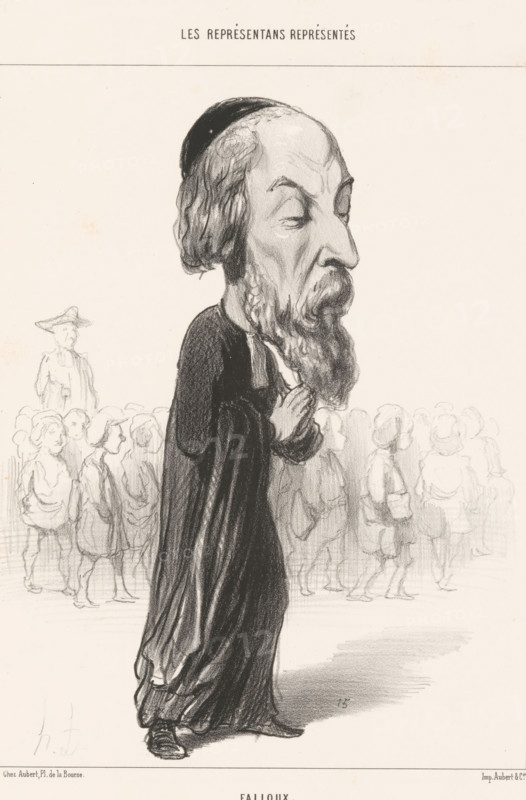 Falloux, Caricature of Alfred-Fréderic-Pierre Falloux, Caricatures of representatives, Les Representants Representés, cartoon, printmaker: Honoré Daumier, Paris, printer (person): Aubert & Cie., 1849, printer (person), paper, lithography, height 338 mm x width 248 mm, historical persons, caricatures (human types), A charcoal or pencil drawing of a tall, robed man with an elongated head and prominent nose viewed in profile, wearing a skullcap and a long beard, hands clasped against his chest and eyes closed, standing in front of a loosely sketched crowd of children and a distant adult figure in a hat, all rendered in soft shading and sketch lines on a pale background.