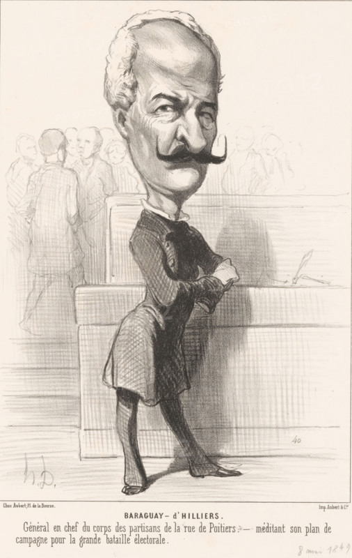 Caricature of Achille, comte Baraguay d'Hilliers, Baraguay-d'Hilliers, Caricatures of representatives, Les Representants Representés, cartoon, printmaker: Honoré Daumier, Paris, printer (person): Aubert & Cie., 1849, printer (person), paper, lithography, height 338 mm x width 258 mm, Print used for: Le Charivari, April 21, 1849., historical persons, caricatures (human types), A tall, thin man with an oversized head and prominent mustache stands with folded arms, wearing a dark fitted coat, knee-length trousers, stockings, and low shoes; his hair is light and receding, and his facial features are heavily shaded. He leans against a paneled surface that casts a shadow, while a faintly sketched group of people stands in the background to one side. The image is rendered in pencil or charcoal with visible shading and crosshatching, and a signature-like mark appears near the lower corner.