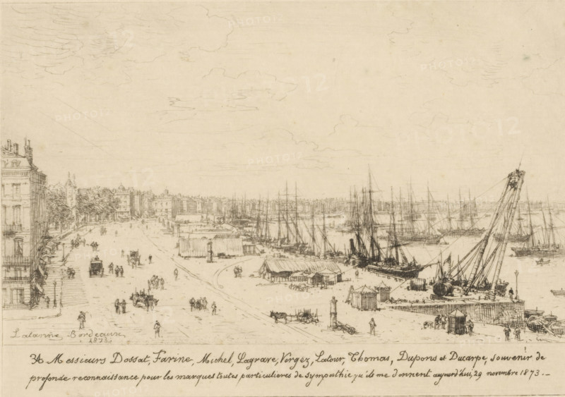 View of Bordeaux, print, watermark, printmaker: Maxime François Antoine Lalanne, France, dedicated to: various manufacturers, 1873-11-29, paper, etching, engraving, intaglio printmaking technique, drypoint, height 119 mm x width 158 mm, harbour, city-view, and landscape with man-made constructions, Bordeaux, A wide waterfront scene rendered in fine pen lines shows a quay lined with buildings on one side and numerous sailing vessels moored along the water on the other, with slender masts rising into a sky filled with light, sketchy cloud outlines; along the beachfront area there are temporary sheds and stacked goods, a large tilted spar with rigging, small carts and wagons, and many tiny figures walking or standing in groups, while trees and multi-storey facades frame the distant shoreline and the foreground includes stone bollards and low fences by the water.