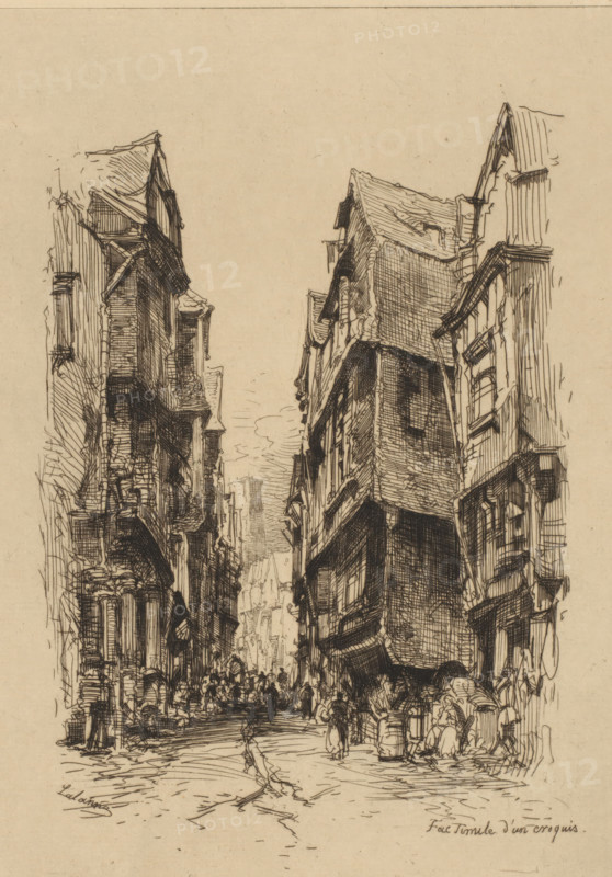 Street view in Morlaix, Grande rue à Morlaix (Brittany), print, printmaker: Maxime François Antoine Lalanne (signed by artist), France, 1876, paper, etching, intaglio printmaking technique, drypoint, engraving, height 272 mm x width 199 mm, Published in 'L'Illustration nouvelle', 1876 (4)., street, Morlaix, A detailed pen-and-ink city street scene showing tall, narrow buildings with overhanging upper stories lining both sides of a crowded, winding street, the facades rendered with dense, crosshatched lines indicating textured walls, windows, eaves, and roof tiles; the street is filled with small, sketched figures walking and gathered in groups, some near barrels and doorways, while the perspective draws the eye toward a distant cluster of buildings seen between the rows; the sky is left plain and the overall image has a sepia paper tone.