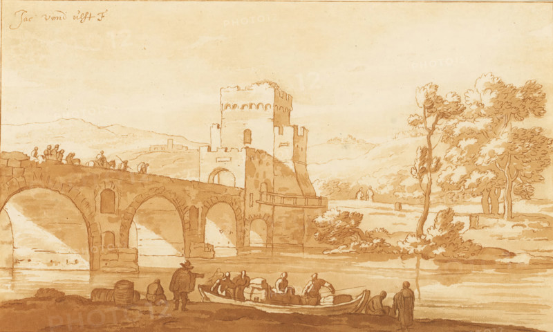Ponte Molle near Rome, print, The Ponte Molle near Rome. In the foreground a boat moored at the waterside with various figures. The print lies loose in an album, see page 161., printmaker: Cornelis Brouwer, after drawing by Jacob van der Ulft, publisher: Cornelis Sebille Roos (publisher), Amsterdam, 1741 - 1803, paper, print drawing, etching, transfer print, etching and transfer print, printed in red, brown, height 124 mm x width 206 mm, Cornelis Brouwer published a number of print drawings in collaboration with CS Roos which bear the signature C.Brouwer fecit and CS Roos excudit Amst. on the verso. The print was included in: Collection d'imitations dessins d'après les principals maîtres hollandais et flamands, London, C. Josi, 1821., landscape with bridge, viaduct or aqueduct, Rome, Milvian bridge, A sepia-toned landscape drawing showing a stone bridge with arches spanning a body of water, a fortified tower or gatehouse rising from the far end of the bridge, and rolling hills in the b...
