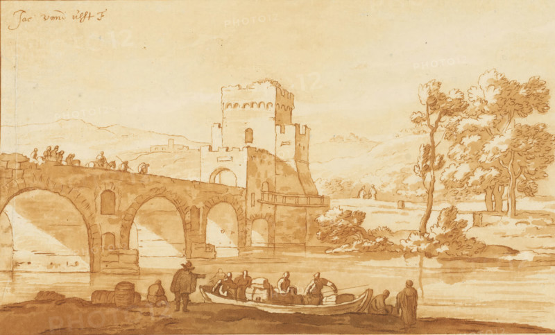 Ponte Molle near Rome, print, The Ponte Molle near Rome. In the foreground a boat moored at the waterside with various figures. The print lies loose in an album, see page 161., printmaker: Cornelis Brouwer, after drawing by Jacob van der Ulft, publisher: Cornelis Sebille Roos (publisher), Amsterdam, 1741 - 1803, paper, print drawing, etching, transfer print, etching and transfer print, printed in red, brown, height 124 mm x width 207 mm, Cornelis Brouwer published a number of print drawings in collaboration with CS Roos which bear the signature C.Brouwer fecit and CS Roos excudit Amst. on the verso. The print was included in: Collection d'imitations dessins d'après les principals maîtres hollandais et flamands, London, C. Josi, 1821., landscape with bridge, viaduct or aqueduct, Rome, Milvian bridge, A sepia-toned ink wash drawing shows a riverside scene with an arched stone bridge extending from the left toward a fortified tower near the center, the tower rising above battlemented wall...