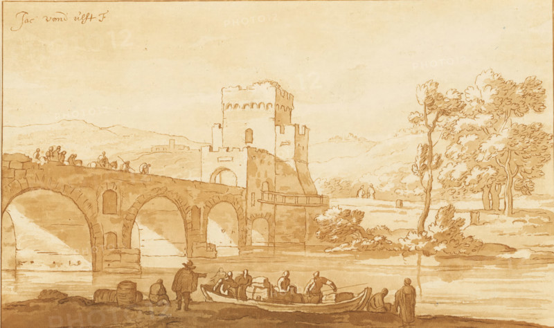 Ponte Molle near Rome, print, The Ponte Molle near Rome. In the foreground a boat moored at the waterside with various figures. The print lies loose in an album, see page 161., printmaker: Cornelis Brouwer, after drawing by Jacob van der Ulft, publisher: Cornelis Sebille Roos (publisher), Amsterdam, 1741 - 1803, paper, print drawing, etching, transfer print, etching and transfer print, printed in red, brown, height 124 mm x width 207 mm, Cornelis Brouwer published a number of print drawings in collaboration with CS Roos which bear the signature C.Brouwer fecit and CS Roos excudit Amst. on the verso. The print was included in: Collection d'imitations dessins d'après les principals maîtres hollandais et flamands, London, C. Josi, 1821., landscape with bridge, viaduct or aqueduct, Rome, Milvian bridge, A sepia-toned drawing showing a stone bridge with multiple arches crossing a river, a fortified tower and gatehouse at the near end of the bridge, and small groups of people on the bridge a...
