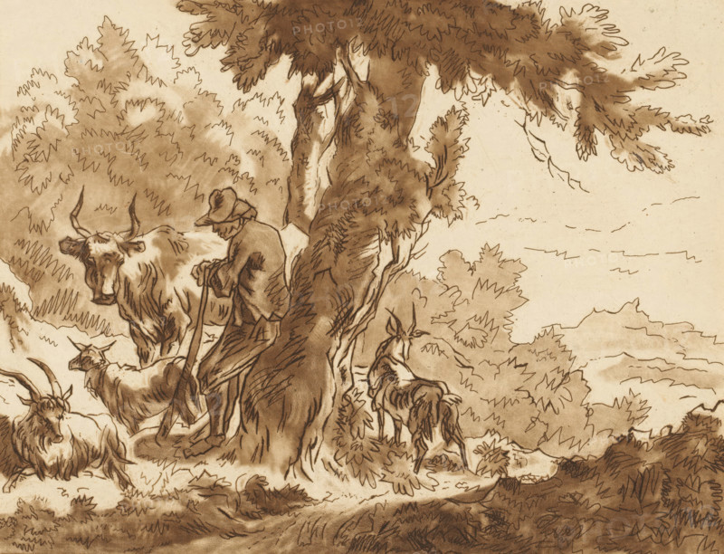 Shepherd and his cattle by a tree, print, Shepherd leaning against a tree, surrounded by his cattle. The print is loose in an album, see pages 140, 141., inscription: 'Jacob van de Velde f. 1770 after N. Berghem', printmaker: Jacob van de Velde (engraver), Amsterdam, after drawing by Nicolaes Pietersz Berchem, 1770, paper, print drawing, etching, roulette, etching and roulette, printed in brown, height 140 mm x width 182 mm, The print was included in: Collection d'imitations de dessins d'après les principaux maîtres hollandais et flamands, London, C. Josi, 1821., herding, herdsman, herdswoman, shepherd, shepherdess, cowherd, figure, herd, flock, A sepia-toned sketch shows a bearded man wearing a hat and leaning on a staff beneath a large leafy tree, surrounded by several goats with horns in varied poses; dense foliage and bushes frame the scene while textured shading defines the tree trunk, branches, and ground.