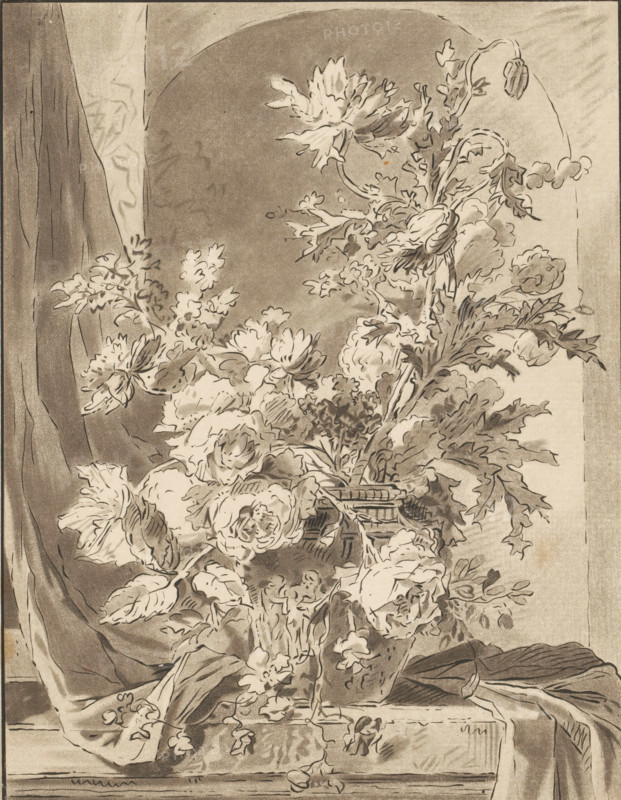 Vase with flowers in front of a niche, print, The print is loose in an album, see page H. 65., printmaker: Bernhard Schreuder, Netherlands, after drawing by Jan van Huysum, 1767 - 1780, paper, print drawing, etching, rocker stamp, height 204 mm x width 158 mm, flowers in a vase, A monochrome drawing of a large bouquet of flowers arranged in a decorative vessel set on a ledge, with a draped fabric falling behind and beside it; the flowers show varied blossoms and leaves rendered with detailed shading and line work, some blooms fully open while others are in bud, and long leafy stems extend upward and outward, creating a dense, textured composition against a softly shaded background with an arched shape behind the arrangement.