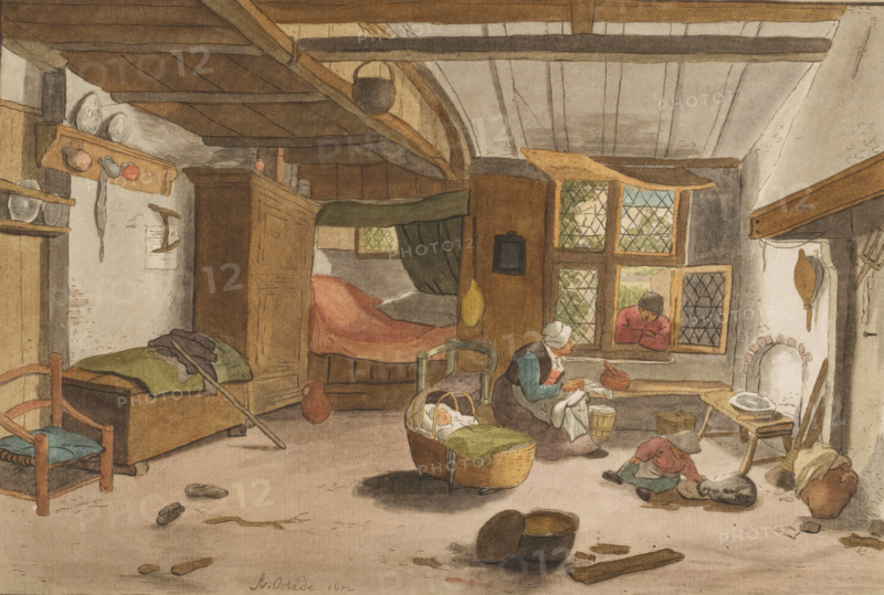 Interior with woman by cradle, print, Interior with a woman by a cradle. The woman is talking to a man standing outside at the open window. A child is playing by the fireplace. The print lies loose in an album, see page 56., inscription: 'A v Ostade del 1672, CPloos v Amstel F 1768', printmaker: Cornelis Ploos van Amstel (signed by artist), Amsterdam, after drawing by Adriaen van Ostade, 1768, paper, print drawing, transfer print, roulette, hand coloring, transfer print and roulette, hand colored, height 134 mm x width 198 mm, interior of the house, cradle, crib, human figure at (open) window, seen from inside, A room with exposed wooden beams and a low ceiling, a large bed with a green canopy and a red blanket tucked into a wooden alcove, a wooden chest topped with folded clothing and a long staff leaning against it, a wooden chair with a blue cushion, a cradle holding a swaddled infant, a seated woman in a bonnet and apron mending cloth beside a small wooden tub, a child on the floor...
