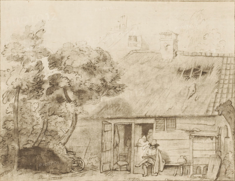 Draughtsman in front of a farmhouse, print, A draughtsman sits on a bench in front of a farmhouse. Two people are leaning on the lower door. The print is loose in an album, see page 58., printmaker: Cornelis Ploos van Amstel, Amsterdam, after drawing by Gerbrand van den Eeckhout, 1765 - 1769, paper, print drawing, etching, roulette, etching and roulette, height 158 mm x width 205 mm, farm (building), draughtsman at work, A pencil sketch of a thatched cottage exterior with trees to the left, a sloping roof with a chimney and a small window, and an open doorway showing interior details. A seated figure wearing a hat and cloak is on a bench outside the doorway while another small figure stands nearby. A chair sits inside the open door and a table with a jug rests against the cottage wall. A wheel and foliage are visible near the base of the trees, and the scene is rendered with soft shading and line work across the paper.