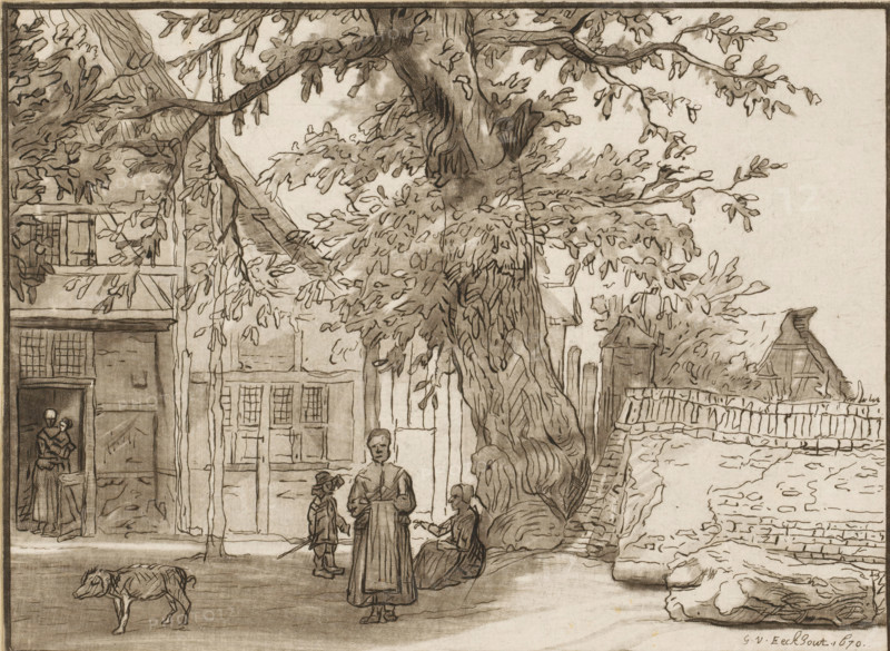 Inn in Anrath, Village view with large tree, print, Inn 'Zur blauen Hand am Kirchhof' in Anrath. In the doorway a woman with a child in her arms. Next to the inn a large tree and several figures underneath. On the left a pig. The print lies loose in an album, see page 47., printmaker: Cornelis Ploos van Amstel, after drawing by Lambert Doomer (attributed to), after drawing by Gerbrand van den Eeckhout, Amsterdam, 1759 - 1821, Attributed to, paper, print drawing, impression, etching, etching and impression, height 135 mm x width 184 mm, trees, pig, village, A sepia-toned drawing of a village scene showing a large, leafy tree with a textured trunk dominating the center and upper area, its branches and foliage spreading across the composition; beneath the tree stand and sit several figures in period clothing, including a person standing at the foreground facing forward, a seated figure at the tree base, and a childlike figure nearby holding a stick; to the left there is a timbered buildin...