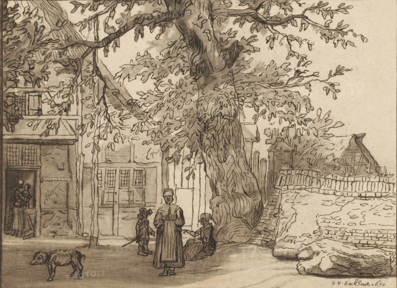 Village view with large tree, Inn in Anrath, print, Inn 'Zur blauen Hand am Kirchhof' in Anrath. In the doorway, a woman with a child in her arms. Next to the inn, a large tree and several figures underneath. On the left, a pig. The print lies loose in an album, see page 47., printmaker: Cornelis Ploos van Amstel, after drawing by Lambert Doomer (attributed to), after drawing by Gerbrand van den Eeckhout, 1759 - 1821, Attributed to, paper, print drawing, etching, perforation, etching and perforation, height 136 mm x width 184 mm, trees, pig, village, A sepia-toned drawing shows a large gnarled tree with twisting trunk and spreading branches filled with leaves occupying the center and right of the scene, its roots and lower trunk beside a low stone wall. In front of the tree, three figures stand and sit: a standing woman in a long dress facing forward, a small child beside her in period clothing with a hat and a stick, and a seated person on a bench near the tree trunk. To the left, a b...