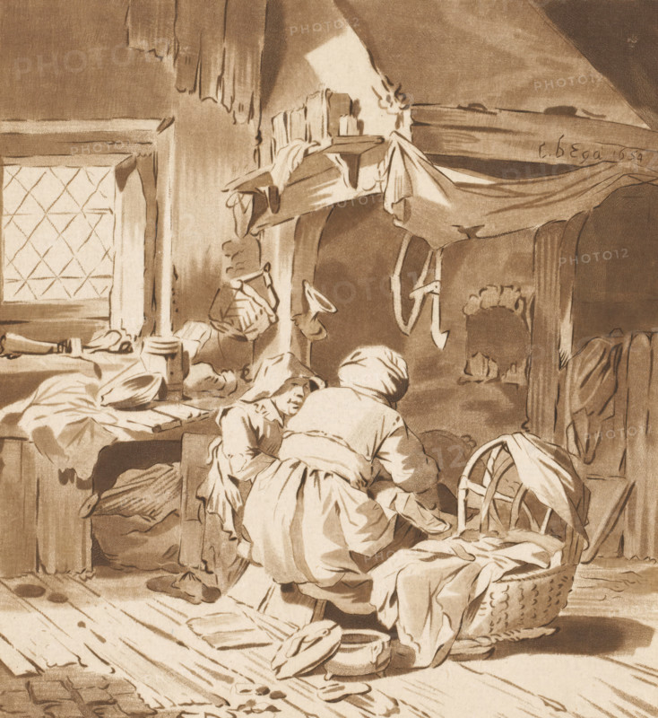 Farmer's interior with two women, print, Interior with two women near a cradle. The print is loose in an album, see page 42, printmaker: Bernhard Schreuder, after drawing by Cornelis Pietersz. Bega, supervision: Cornelis Ploos van Amstel, Amsterdam, 1772 - 1787, Bernhard Schreuder, Cornelis Pietersz. Bega, Cornelis Ploos van Amstel, printmaker, after drawing by, supervision, paper, print drawing, etching, roulette, etching and roulette, printed in brown, height 179 mm x width 165 mm, interior of the house, cradle, crib, open hearth, fire-place, A sepia-toned interior scene showing two figures bent over near a bed, their clothing consisting of simple skirts and head coverings. A wooden bed with rumpled sheets and blankets sits on the left beneath a window with a diamond-patterned pane. Shelves above the bed hold folded cloth and a few small objects, and fabric hangs from a high beam and over a wooden peg. A woven basket filled with linens rests beside a rounded wooden chair with a drape...