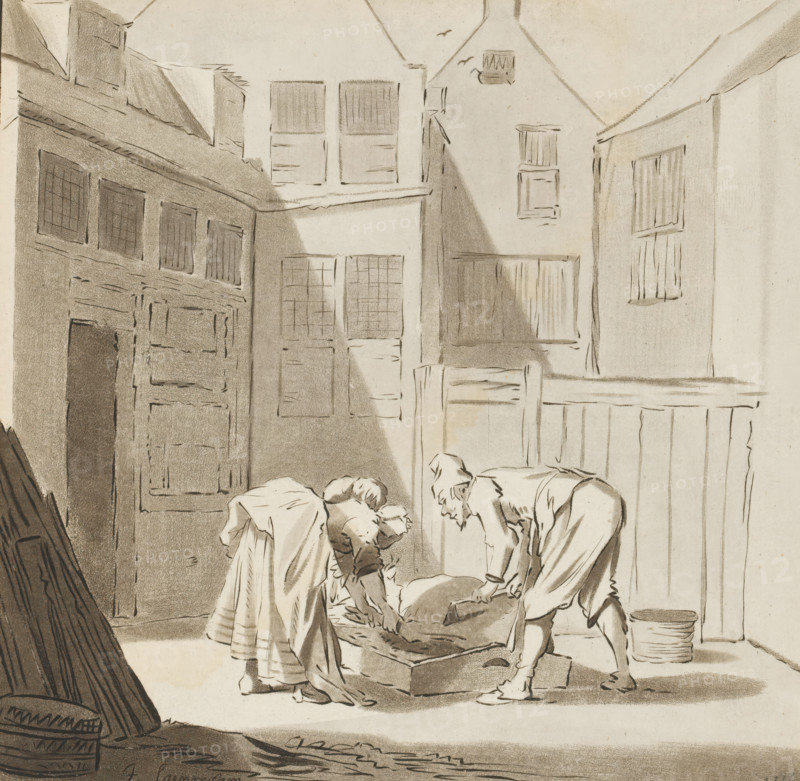 Pig slaughter, print, In a courtyard a man and a woman slaughter a pig. The print is loose in an album, see page 41., inscription: 'J. Saenredam del. 1610. Pl van Amstel fec.', printmaker: Bernhard Schreuder, after drawing by Jan Saenredam, supervision: Cornelis Ploos van Amstel (signed by artist), Amsterdam, 1778 - 1787, paper, etching, roulette, hand coloring, etching and roulette, hand-colored in gray, height 157 mm x width 159 mm, butcher, slaughterman, slaughtered ox or pig, A monochrome drawing of a narrow courtyard bordered by buildings with shuttered windows and wooden doors, showing three figures leaning over a rectangular box on the ground; two figures appear to be women wearing long dresses and head coverings, and one figure appears to be a man bending forward holding a tool, with a bucket nearby and beams of light and shadow falling across the scene.