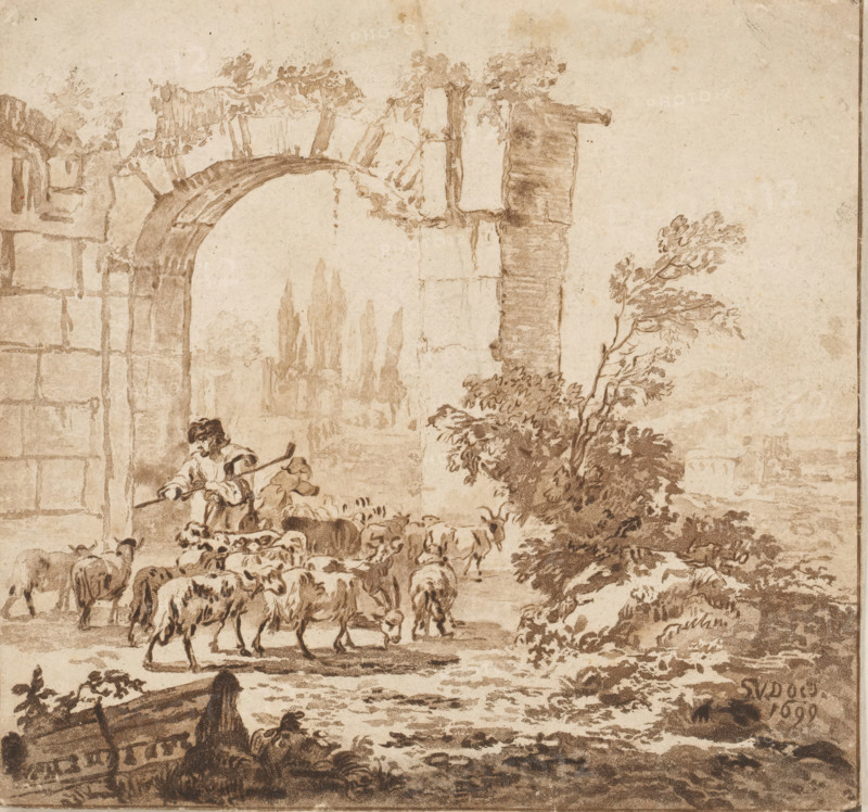 Herd of goats at a gate, print, A shepherd with a herd of goats at a gate. Cypresses in the background. The print is loose in an album, see page 39., printmaker: Cornelis Brouwer, after drawing by Simon van der Does, supervision: Cornelis Ploos van Amstel, Amsterdam, 1781 - 1786, paper, print drawing, transfer, printed in brown, height 148 mm x width 155 mm, herding, herdsman, herdswoman, shepherd, shepherdess, cowherd, landscape with ruins, goat, A sepia-toned pen and ink scene shows a ruined stone archway and wall at the left with weathered blocks and overgrown vegetation, a shepherd standing beneath the arch holding a staff and tending a flock of sheep that move toward the right, a leafy tree and dense shrubbery near the center right, distant faint indications of tall tree shapes beyond the arch, a textured ground with scattered rocks and foliage, and a small structure or building partially visible at the lower left foreground.