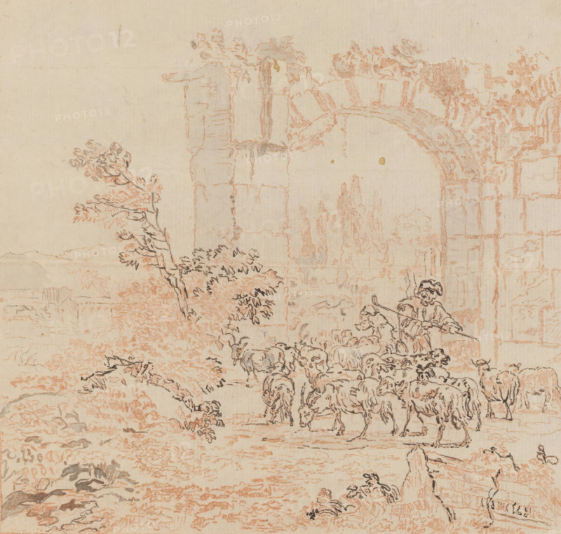 Herd of goats at a gate, drawing, A shepherd with a flock of goats at a gate. Cypresses in the background. The transfer drawing lies loose in an album, see page 39., maker: Cornelis Brouwer, after drawing by Simon van der Does, supervision: Cornelis Ploos van Amstel, Amsterdam, 1781 - 1786, inorganic material, materials by function, paper, ink, chalk, brush, transfer drawing in red chalk, touched up with a brush in grey, verso with remnants of gum and powder, height 148 mm x width 156 mm, Regarding the transfer drawings by Ploos van Amstel see LNP, p. 201., herding, herdsman, herdswoman, shepherd, shepherdess, cowherd, landscape with ruins, goat, A faded drawing showing a pastoral scene with a stone arch and ruins at the top right, trees and shrubs scattered across the middle ground, a shepherd standing near the arch holding a staff, and a herd of sheep clustered in the center and lower right.