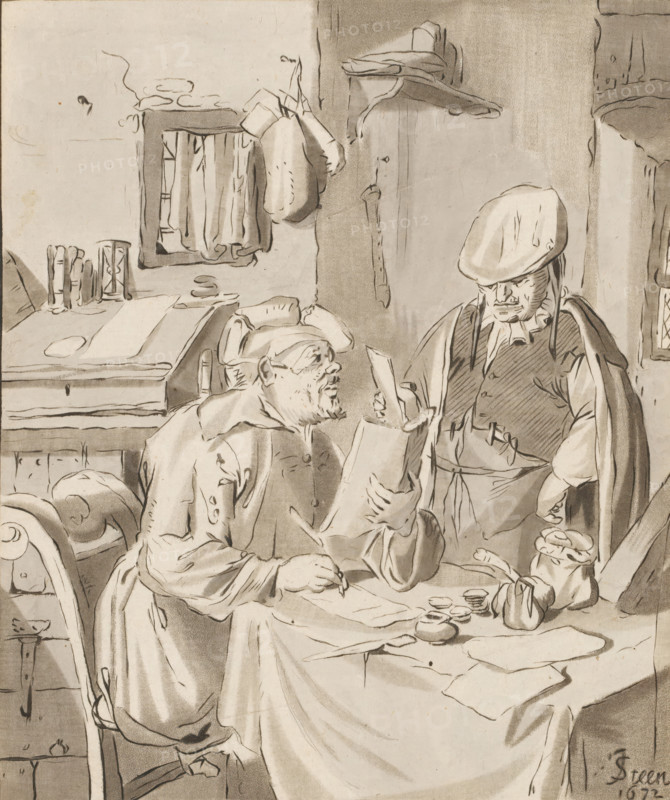 Writer of a letter, Recipient, print, A man, sitting at a table, is writing a letter. Next to him stands a man with a letter in his hand. The print lies loose in an album, see page 38., printmaker: Bernhard Schreuder, after drawing by Jan Havicksz. Steen, supervision: Cornelis Ploos van Amstel, Amsterdam, 1777 - 1786, paper, print drawing, etching, roulette, hand coloring, etching and roulette, hand colored in gray, height 156 mm x width 132 mm, letter, envelope, writing tools, sitting figure, A monochrome ink drawing shows an interior scene with two men at a cluttered table; one man sits on a carved chair holding a sheet of paper and a pen, his clothing loose and draped, facial hair visible and his expression concentrated, while the other man stands nearby wearing a cap and layered garments with a cloak draped over his shoulders, facing the seated man. The table is covered with a cloth and scattered with small round objects, pouches, and additional sheets of paper, and a bag tied with...