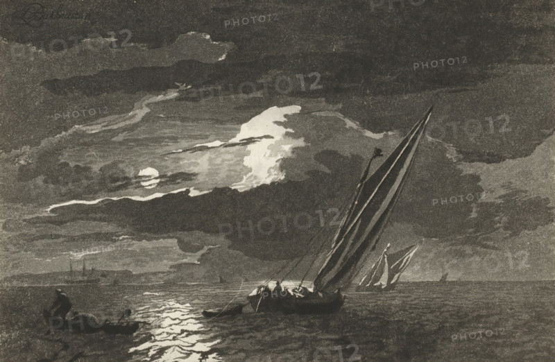 Seascape with full moon, print, Two sailing ships are at sea. A fisherman is hauling in his nets from a sloop. The print is loose in an album, see page 33., printmaker: Cornelis Brouwer, after drawing by Ludolf Bakhuysen, supervision: Cornelis Ploos van Amstel, Amsterdam, 1779 - 1781, paper, print drawing, transfer print, proof print, height 140 mm x width 212 mm, sailing-ship, sailing-boat, moonlight, A dark seascape under a cloudy sky with a bright moon partially hidden by clouds casting a reflective path on the water, small boats with tall sails tilted and crew visible on one, distant shoreline silhouettes and other boats on the horizon, and scattered clouds of varying tones filling the sky.