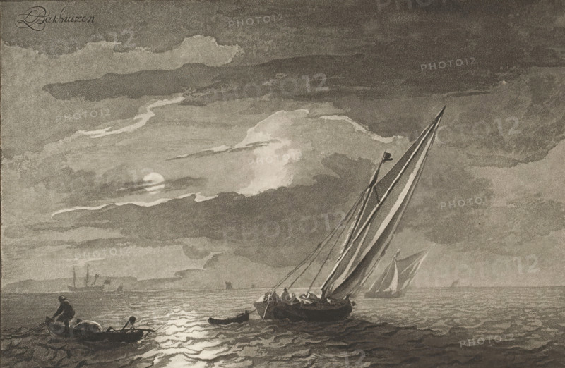 Seascape with full moon, print. Two sailing ships are at sea. A fisherman is hauling in his nets from a sloop. The print is loose in an album, see page 33., inscription: 'L. Bakhuizen del. CPloos van Amstel JC Fecit.1781', printmaker: Cornelis Brouwer, after drawing by Ludolf Bakhuysen, supervision: Cornelis Ploos van Amstel (signed by artist), Amsterdam, 1781, paper, print drawing, transfer print, height 138 mm x width 208 mm, sailing-ship, sailing-boat, moonlight, A dark seascape under a clouded sky with a bright circular light near the horizon partially obscured by clouds, reflective ripples on the water leading toward the foreground, small rowboats and larger sailboats with tall sails and rigging, a pair of figures in a nearer small boat and several figures in a larger boat, distant silhouettes of more ships on the horizon, and layered clouds filling most of the sky.