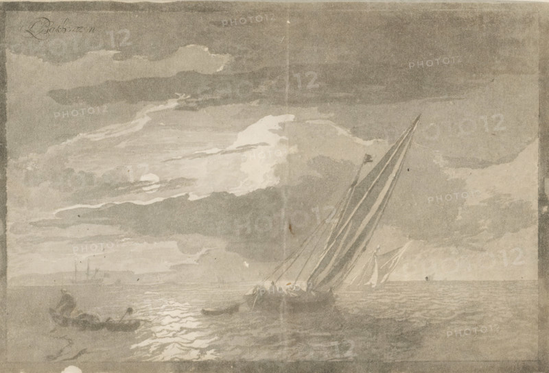 Seascape with full moon, print, waste paper, Two sailing ships are at sea. A fisherman is hauling in his nets from a sloop. The print is loose in an album, see page 33., printmaker: Cornelis Brouwer, after drawing by Ludolf Bakhuysen, supervision: Cornelis Ploos van Amstel, Amsterdam, 1779 - 1781, paper, print drawing, stencil, waste paper of a stencil, height 155 mm x width 218 mm, sailing-ship, sailing-boat, moonlight, A grayscale scene of a seascape showing sailboats with tall, angled sails leaning to the right on the water, a smaller rowboat with figures in the foreground left, a low horizon with distant masts and land, textured cloud formations across the sky, and a bright reflective patch on the water beneath the clouds.