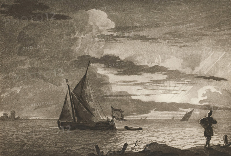 Man with sack on shoulder at sunrise, print, On the right in the foreground a man with a sack on his shoulder looking at the ships and the sunrise. The print is loose in an album, see page 32., printmaker: Cornelis Brouwer, after drawing by Ludolf Bakhuysen, supervision: Cornelis Ploos van Amstel, Amsterdam, 1779 - 1781, paper, print drawing, transfer, height 144 mm x width 212 mm, sailing-ship, sailing-boat, carrying something on the head or on the shoulders, sunrise, A dark-toned seascape shows a sailboat with raised sails and rigging near the center, a small rowboat beside it, and another partially submerged vessel farther out; clouds fill the sky with varying shades and textures, and light breaks through near the horizon creating bright streaks; on the right, a lone figure stands on the shore looking toward the water, with rocky shoreline details and scattered debris in the foreground.