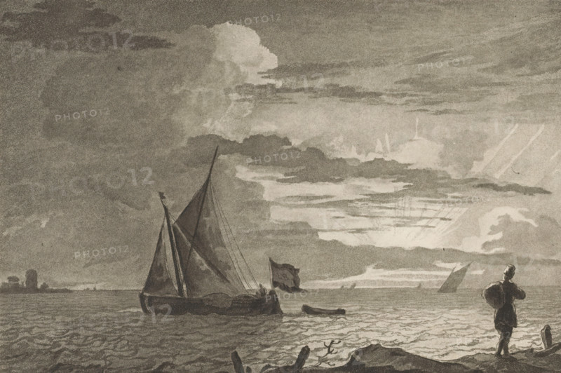 Man with sack on shoulder at sunrise, print, On the right in the foreground a man with a sack on his shoulder looking at the ships and the sunrise. The print is loose in an album, see page 32., inscription: 'L. Bakhuizen del. CPloos van Amstel JC Fecit. 1781', printmaker: Cornelis Brouwer, after drawing by Ludolf Bakhuysen, supervision: Cornelis Ploos van Amstel (signed by artist), Amsterdam, 1781, paper, print drawing, transfer print, height 143 mm x width 211 mm, sailing-ship, sailing-boat, carrying something on the head or on the shoulders, sunrise, A monochrome scene of a coastal seascape with a large cloud-filled sky, layered clouds and light breaking through; a sailboat with raised sails and a flag on the water near the shore, a small rowboat alongside it, and another distant sail visible; a rocky shoreline in the foreground with scattered driftwood and a standing figure facing the water wearing a hat and carrying a bundle on their back.
