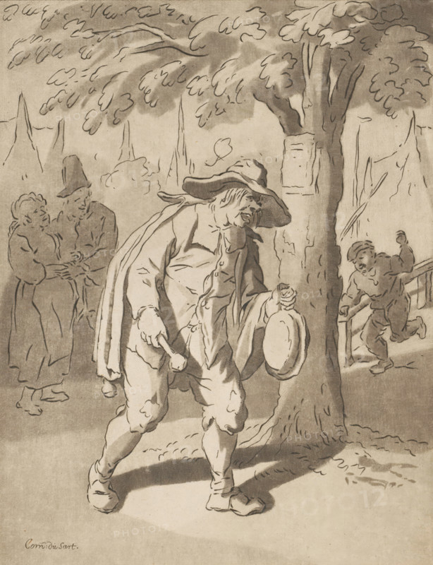 Claimer, print, A town crier with percussion by a tree. People listening in the background. The print is loose in an album, see page 29., inscription: 'Corn. Dusart. del. Ploos v. Amstel JC Fecit. 1776', printmaker: Bernhard Schreuder, after drawing by Cornelis Dusart, supervision: Cornelis Ploos van Amstel (signed by artist), Amsterdam, 1776, paper, print drawing, etching, roulette, etching and roulette, height 200 mm x width 155 mm, oral spreading of news, town crier, A monochrome drawing shows a central older man wearing a large floppy hat and loose clothing, holding a small mallet in one hand and a round object in the other while standing beside a tree; the man’s clothing includes a cloak draped over his shoulders and baggy breeches, and his face is turned slightly to the side with visible hair under the hat. To the left, two figures stand close together, one with a tall pointed hat and the other leaning toward them, their hands near each other. To the right, a smaller figure appea...