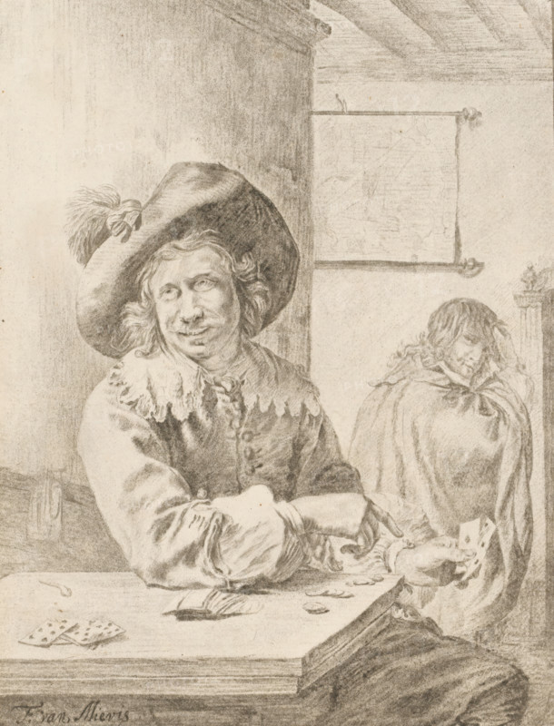 Card players, print, A card player with playing cards in hand and on the table. A man in the background. The print lies loose in an album, see page 26., inscription: 'Frans van Mieris Fecit 1663, CPloos v Amstel JC Fecit 1777', printmaker: Cornelis Brouwer, after drawing by Frans van Mieris, supervision: Cornelis Ploos van Amstel (signed by artist), Amsterdam, 1777, paper, print drawing, etching, crayon manner, through-print, etching in crayon manner and through-print, height 193 mm x width 148 mm, playing-cards, A monochrome drawing of two men seated at a table inside a room, one man in the foreground facing slightly left with a large feathered hat, wavy hair, a loose collar with scalloped edges, and a coat with visible buttons, his arms resting on the table and one hand holding playing cards, while the other man in the background sits turned away with his head bowed and a cloak draped over his shoulders; on the table there are scattered cards, a small book, and coins, and behind them...