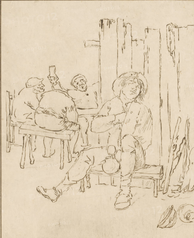 Drunken farmer in inn, print, A farmer sits on a low bench in an inn, with a jug in his hand. In the background, three men at a table. The print is loose in an album, see page 25., printmaker: Bernhard Schreuder, after drawing by Adriaen Brouwer, supervision: Cornelis Ploos van Amstel, Amsterdam, 1775, paper, print drawing, etching, roulette, etching and roulette, proof print, height 194 mm x width 158 mm, inn, coffee-house, public house, drinking, jar, jug (used as drinking-vessel), A sepia line drawing showing several seated men in casual poses inside a wooden interior; one man in the foreground reclines on a bench with his head tilted back and an arm across his chest, wearing a loose shirt and a brimmed hat, another man sits slumped forward on a bench with his back turned, a third figure raises a tankard, and a fourth faces away at a table. Rough vertical planks form a wall at the right, and simple stools and benches occupy the space, with a few rounded objects and a hat drawn near ...