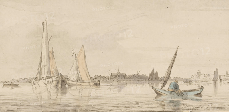River view, print. Sailing ships are sailing on the water. On the horizon, a city with a church. The print is loose in an album, see page 24., inscription: 'P. Coops del. CPloos van Amstel JC Fecit. 1775', printmaker: Bernhard Schreuder, after drawing by Pieter Coopse, supervision: Cornelis Ploos van Amstel (signed by artist), Amsterdam, 1775, paper, print, etching, transfer, roulette, hand coloring, transfer and roulette, hand-colored in blue and brown, height 108 mm x width 221 mm, sailing-ship, sailing-boat, river, A wide, pale scene shows calm water with gentle horizontal ripples and reflections of boats. Several sailboats with tall masts and triangular sails are moored or drifting; some sails are shaded in a soft tan while others are left light. In the foreground a small rowboat with a dark sail has a person wearing a blue garment seated at the stern, leaning forward toward a bundle or coiled rope. Low, distant shoreline vegetation and a cluster of simple buildings with steeples a...