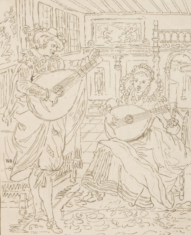 Gentleman and lady playing the lute, print, Interior with a man and a woman, both playing the lute. The print lies loose in an album, see page 22., printmaker: Bernhard Schreuder, after drawing by Karel van Mander (I), after drawing by David Vinckboons, supervision: Cornelis Ploos van Amstel, Amsterdam, 1772 - 1774, paper, print drawing, etching, roulette, etching and roulette, proof print, height 198 mm x width 172 mm, lute, and special forms of lute, e.g.: theorbo, interior of the house, A line drawing of an interior scene showing two figures playing stringed instruments; one standing figure on the left wears a hat with curls and a decorative collar and holds a large rounded instrument with detailed strings and a carved soundhole, while a seated figure on the right also holds a similar rounded instrument and wears an ornate ruffled collar and flowing garments. The room contains paneled walls, a framed relief or painting above a mantel, a turned bedpost or furniture post, a patterned ...