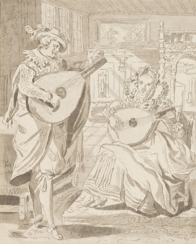 Gentleman and lady playing the lute, print, Interior with a man and a woman, both playing the lute. The print is loose in an album, see page 22., printmaker: Bernhard Schreuder, after drawing by Karel van Mander (I), supervision: Cornelis Ploos van Amstel, Amsterdam, 1772 - 1774, paper, print drawing, etching, roulette, hand coloring, etching and roulette, some gray tones applied with the brush, height 168 mm x width 135 mm, lute, and special forms of lute, eg: theorbo, interior of the house, A monochrome drawing shows two people in ornate period clothing playing stringed instruments that resemble lutes; one person is standing on the left wearing a plumed hat, a ruffled collar, a long cloak, and breeches while holding a large instrument across their body, and the other is seated on the right wearing a high ruffled collar and a voluminous gown while cradling a similar instrument. The interior setting includes paneled walls, a tall decorative bedpost or carved wooden structure behind the...